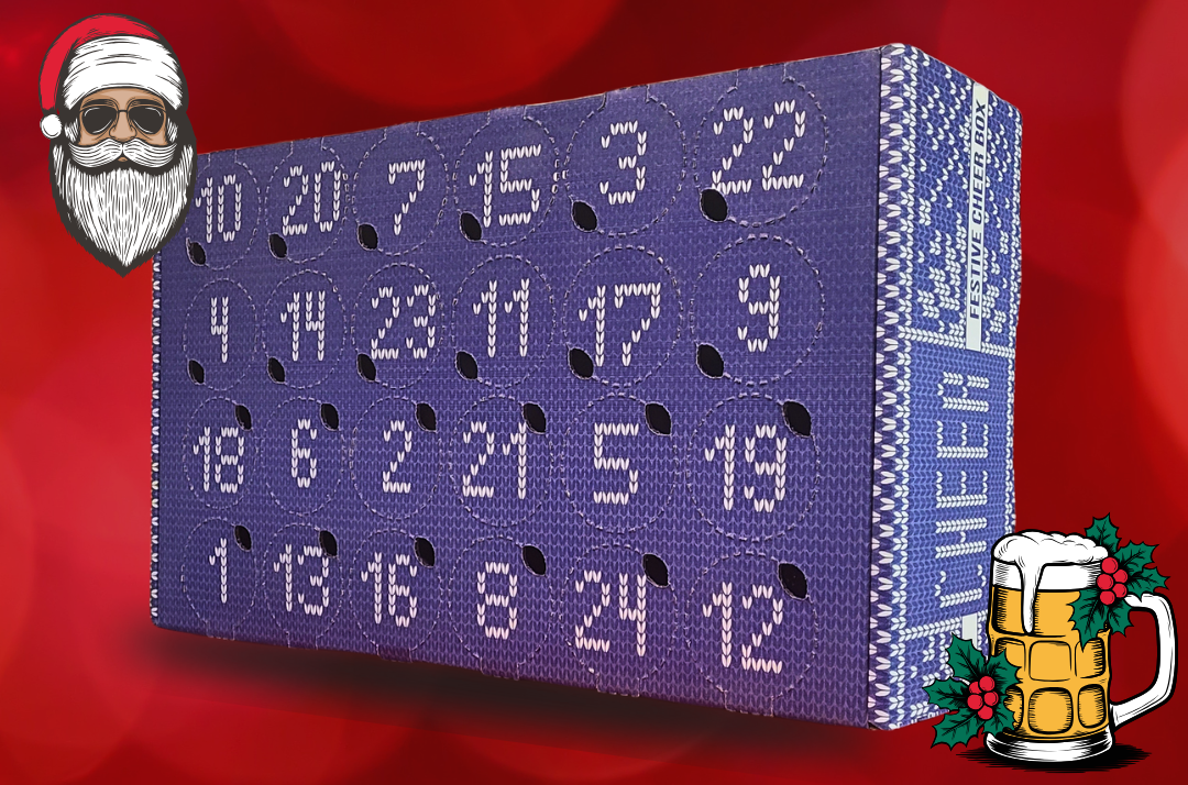 A festive blue and white box with 24 easy open slots.